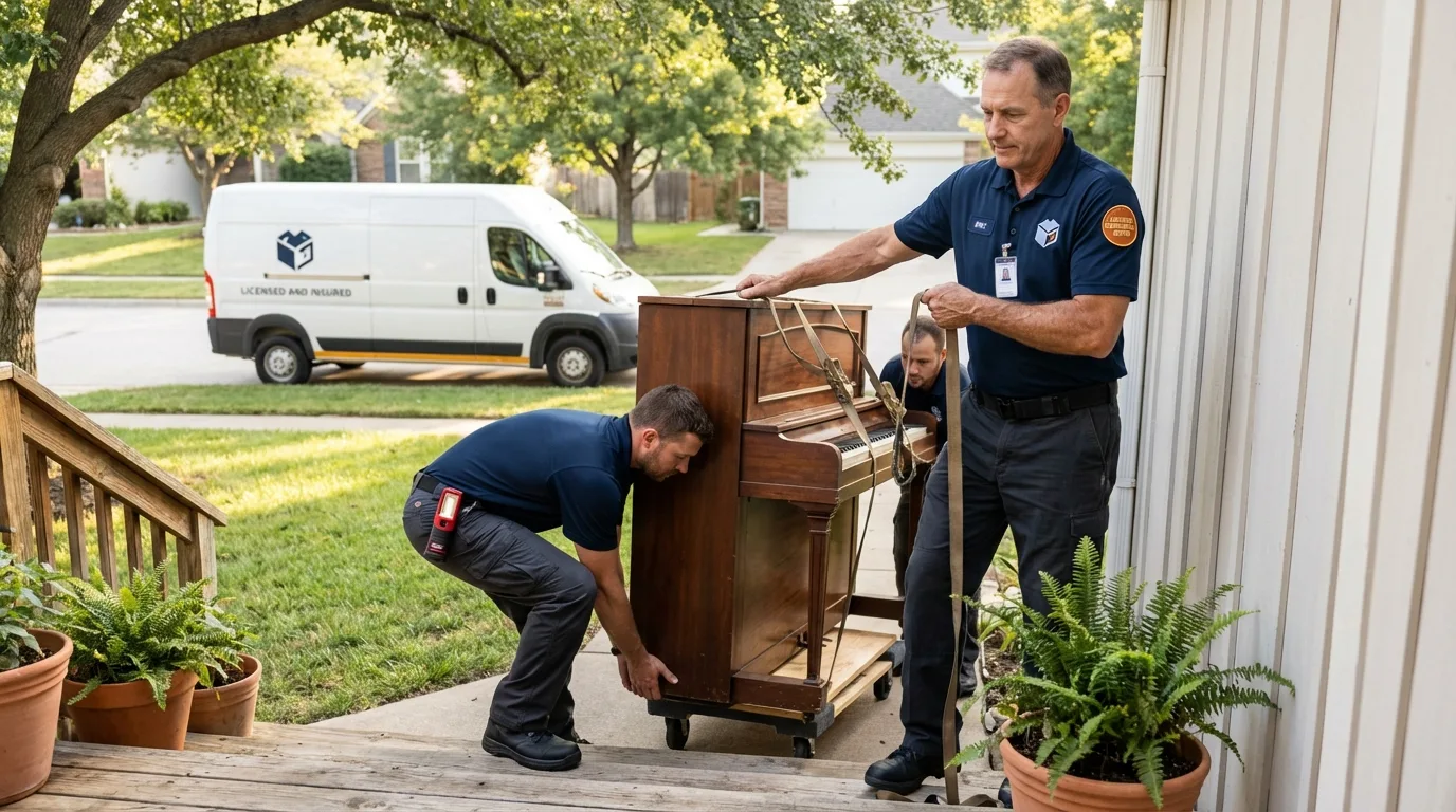 Licensed piano movers securing grand piano in Orchard Park, NY