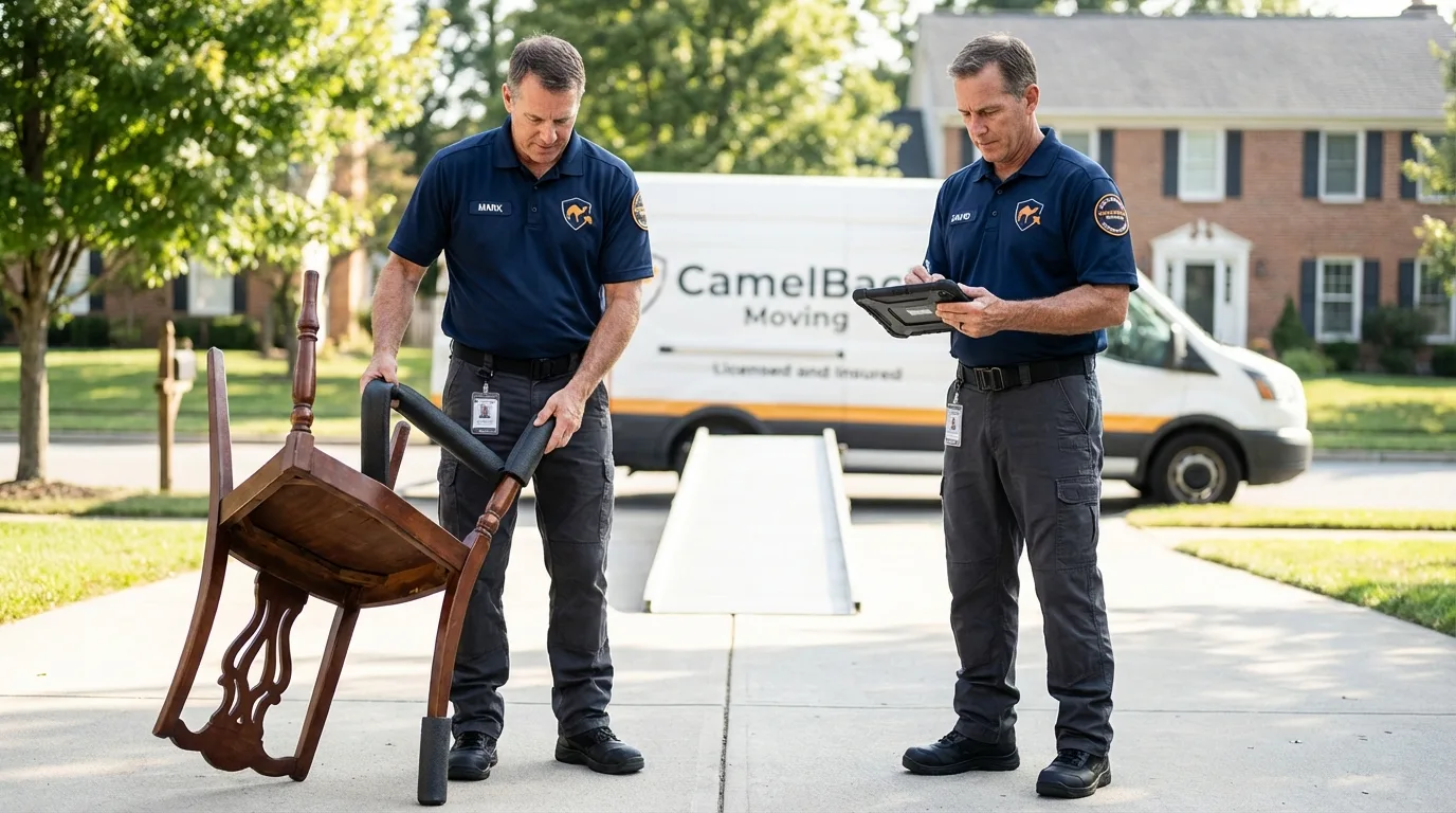 Movers inspecting furniture for damage prevention before loading in Orchard Park, NY