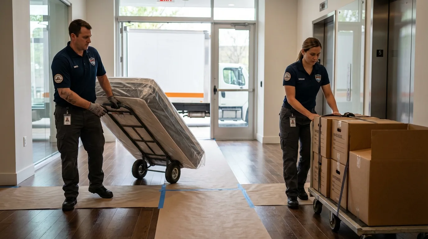 Professional apartment movers loading elevator in Orchard Park, NY