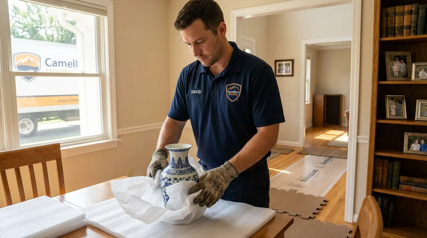 Professional crew carefully wrapping antique vase for senior downsizing move in Orchard Park, NY